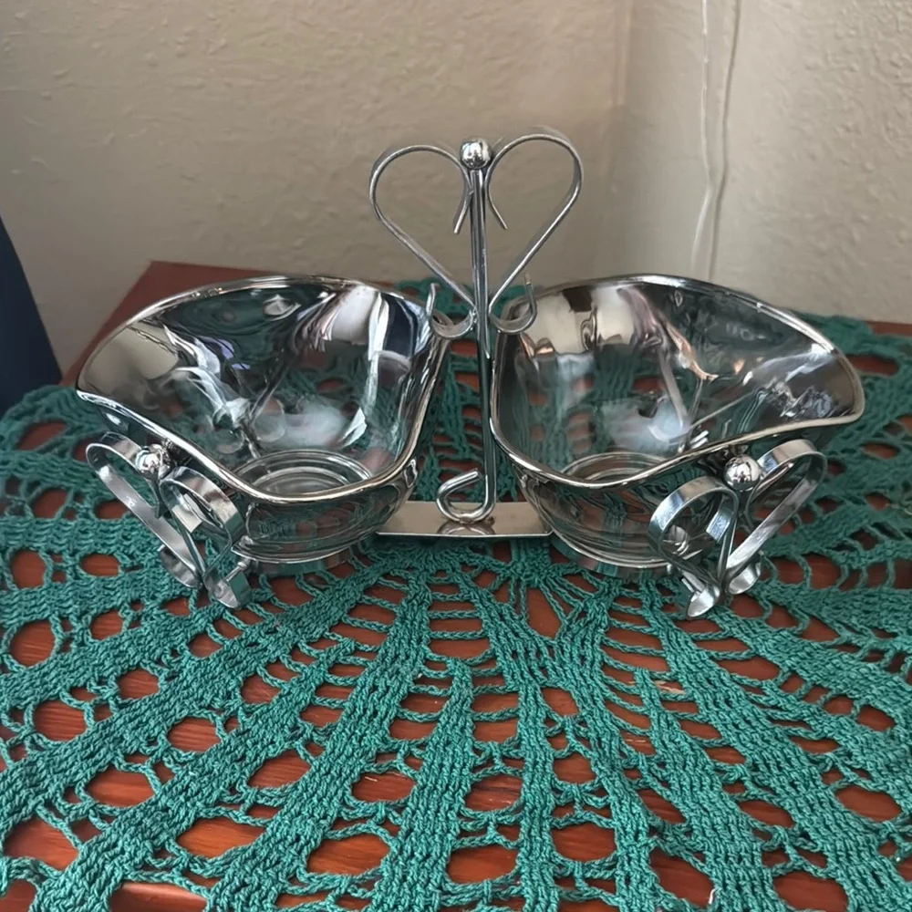Vintage Double Condiment Dish with Heart Design